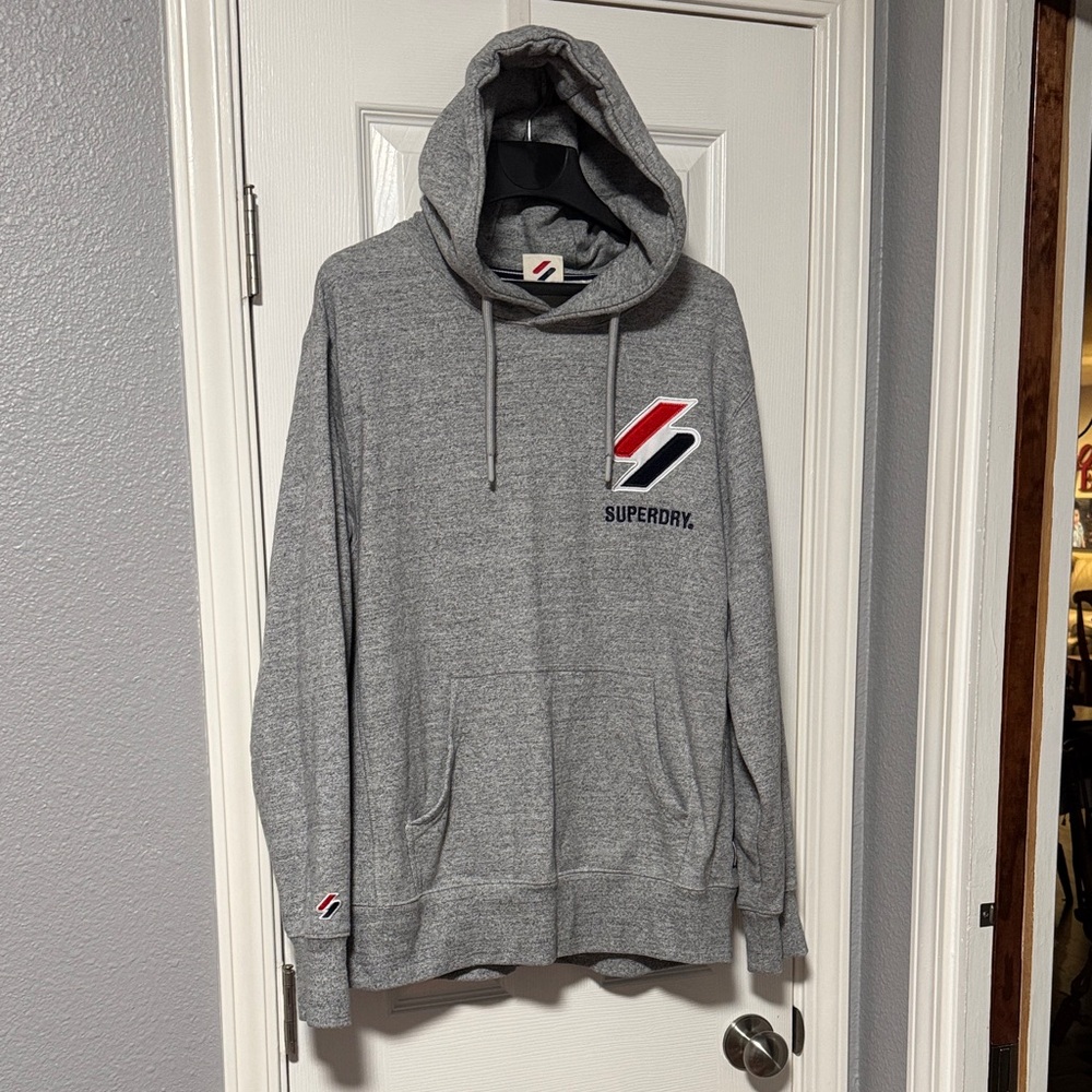 Superdry Heather Gray Hoodie with Embroidered Logo Men’s 2XL, runs like a XL